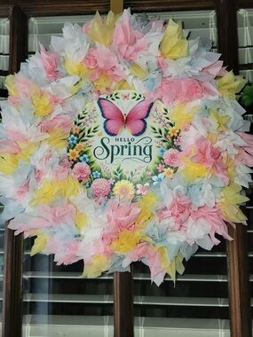 Hello Spring Butterfly Floral Wreath - Pastel Pink, Yellow & White